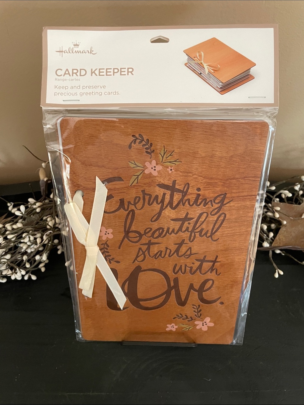 NWT Hallmark Wooden Card Keeper with Cream Ribbon and Floral Accents